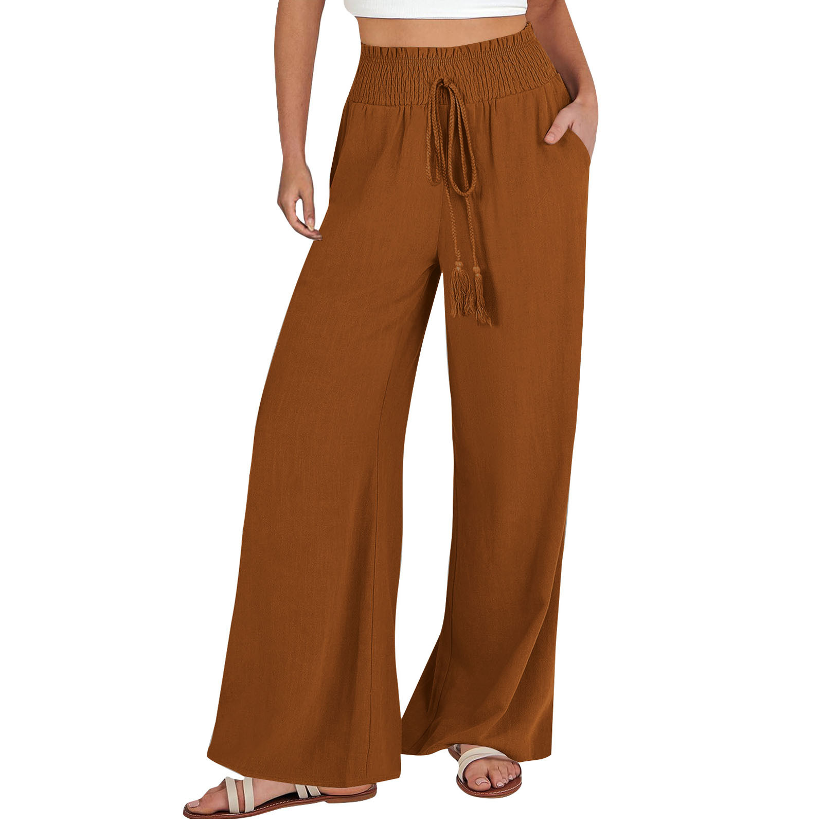 thumbnail image 2 of Pantalones palazzo anchos para mujer - Cintura elástica con cordón, poliéster ligero, ropa informal de playa, para todas las estaciones, tallas S-XXXL, cintura 60-114 cm, corte holgado, 2 of 5
